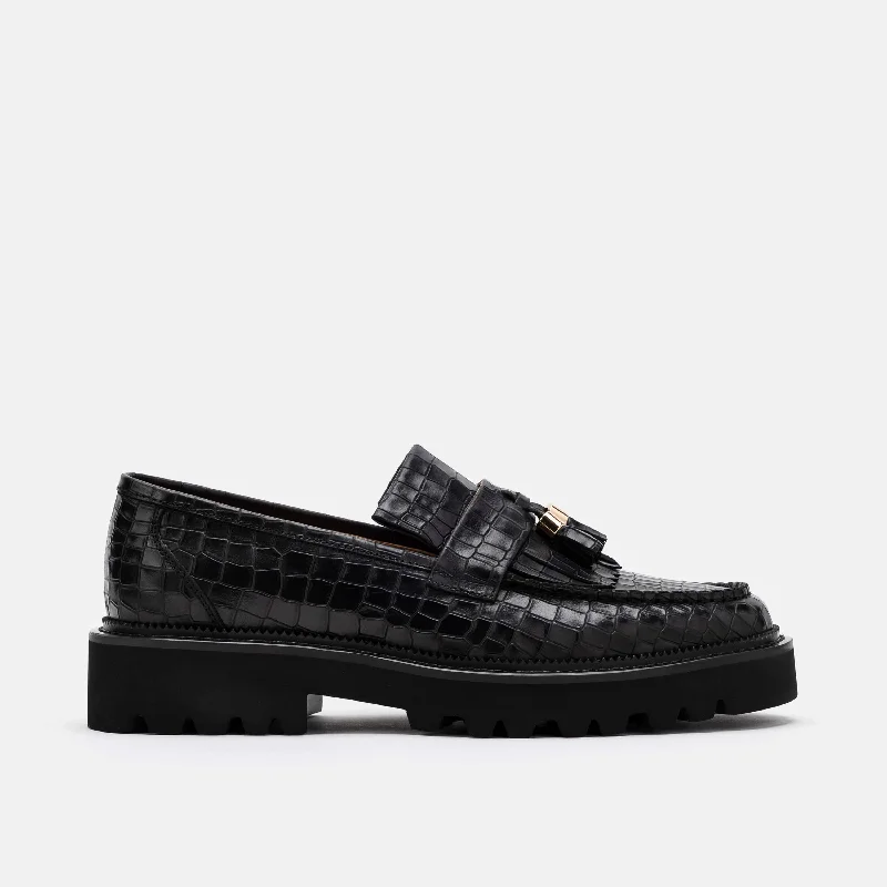 Journey Black Croc Leather Lug Tassel Loafer