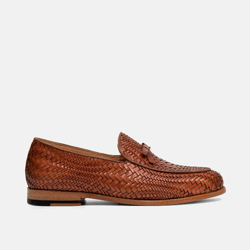 Comfortable Hiking Sneakers Online Odell Caramel Woven Leather Belgian Loafers