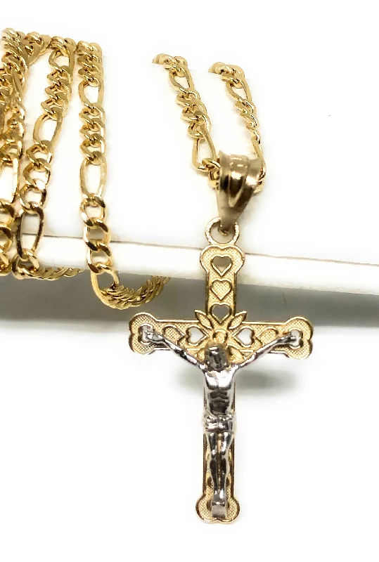 statement silver feather earrings 14k Solid Gold 2-Tone Classic Jesus Cross Pendant Necklace Crucifix With Figaro Chain statement silver feather earrings 14k Solid Gold 2-Tone Classic Jesus Cross Pendant Necklace Crucifix With Figaro Chain