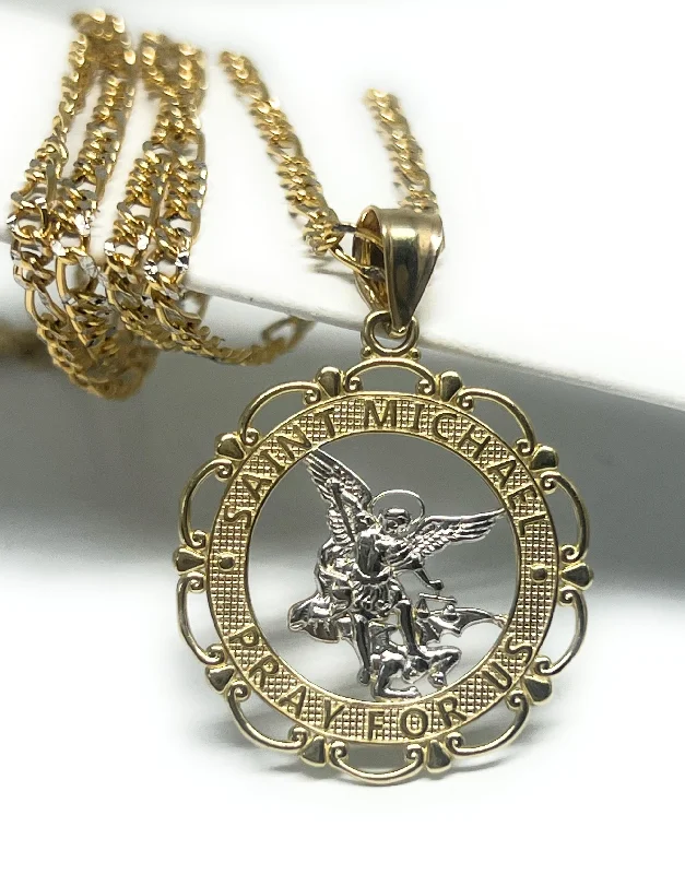 men’s engraved cuff bracelet 14k Solid Gold 2-Tone St. Michael Archangel "Pray for Us" Pendant Necklace men’s engraved cuff bracelet 14k Solid Gold 2-Tone St. Michael Archangel "Pray for Us" Pendant Necklace