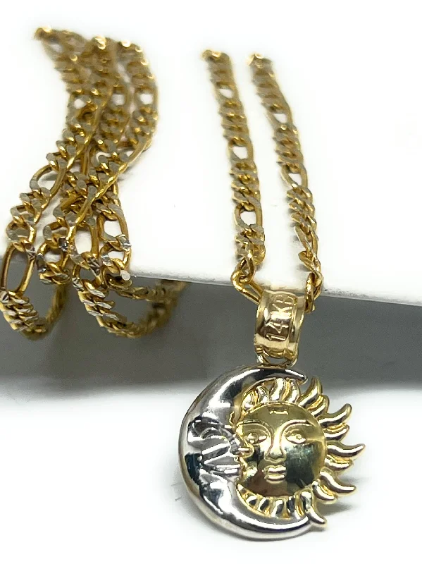 unique gemstone necklace handmade 14k Solid Gold 2-Tone SUN AND MOON Pendant Necklace unique gemstone necklace handmade 14k Solid Gold 2-Tone SUN AND MOON Pendant Necklace