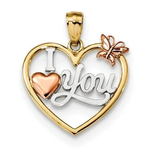 gold bar earrings minimalist 14KT THREE TONE "I LOVE YOU" HEART WITH BUTTERFLY PENDANT gold bar earrings minimalist 14KT THREE TONE "I LOVE YOU" HEART WITH BUTTERFLY PENDANT
