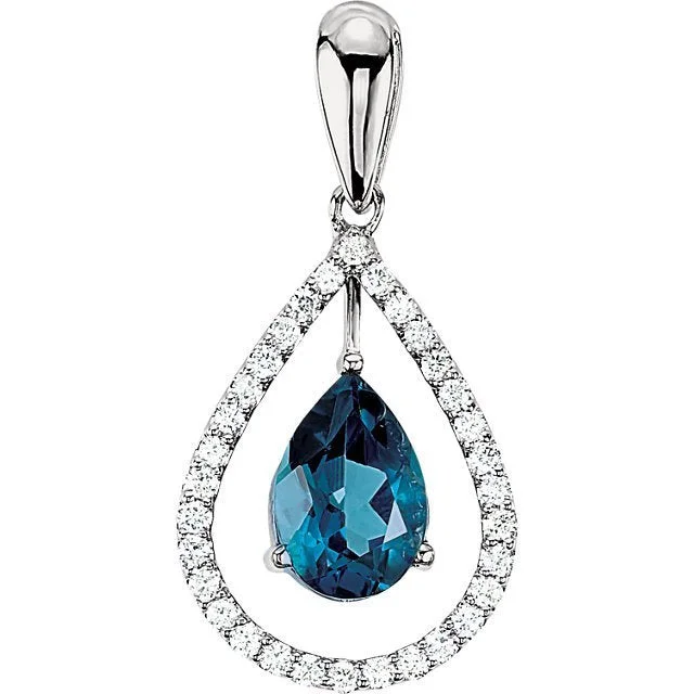 classic wedding set with diamonds 14KT WHITE GOLD BLUE TOPAZ & DIAMOND PEAR SHAPE PENDANT