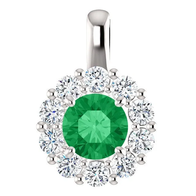pearl stud earrings classic 14KT WHITE GOLD ROUND EMERALD AND DIAMOND HALO PENDANT