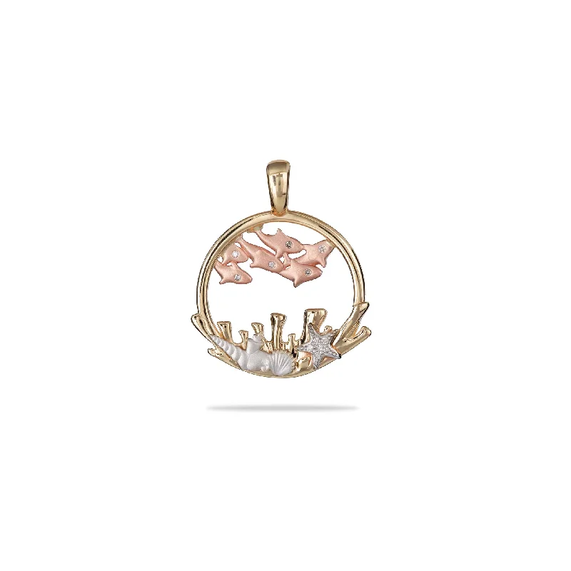 dainty gold chain ring Reefs School of Fish Pendant in Tri Color Gold with Diamonds - 24mm dainty gold chain ring Reefs School of Fish Pendant in Tri Color Gold with Diamonds - 24mm