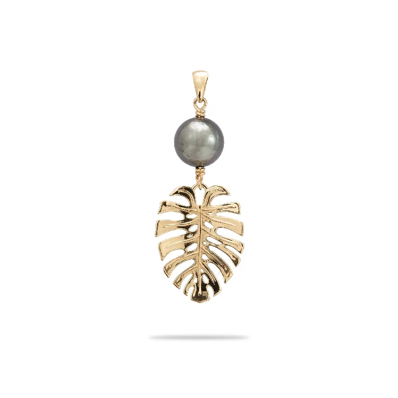 modern baguette diamond ring Monstera Tahitian Black Pearl Pendant in Gold - 23mm