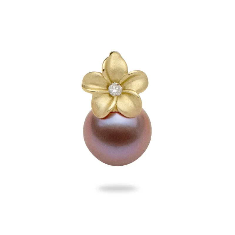 statement gemstone necklace handmade Plumeria Lilac Freshwater Pearl Pendant in Gold with Diamond - 9-10mm statement gemstone necklace handmade Plumeria Lilac Freshwater Pearl Pendant in Gold with Diamond - 9-10mm