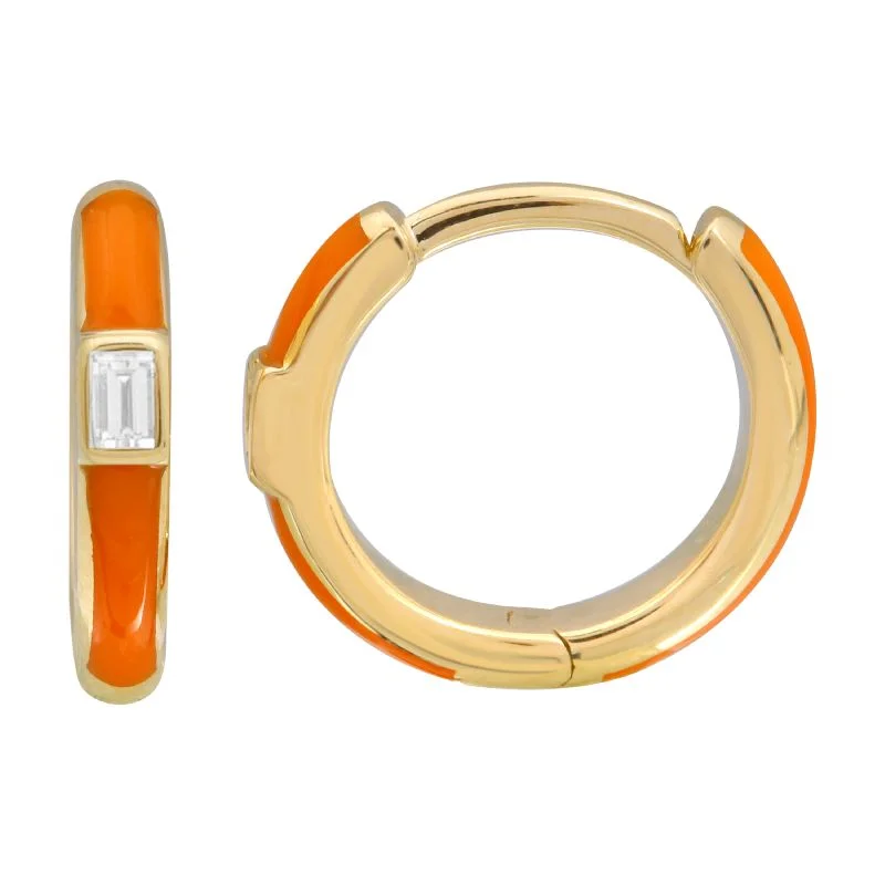 chunky silver hoop earrings 14K Yellow Gold Orange Enamel & Diamond Huggie Earrings