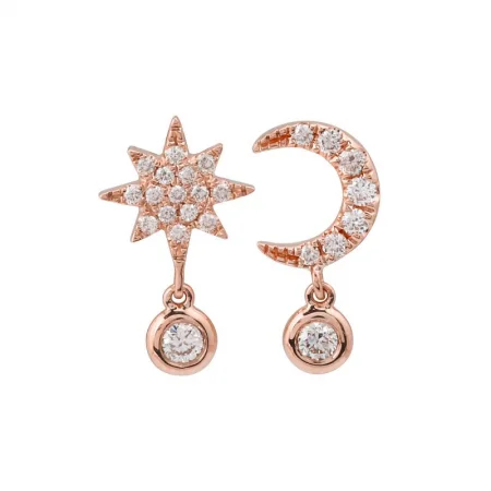 personalized family tree necklace 14k Rose Gold Moon & Star Diamond Stud Earrings