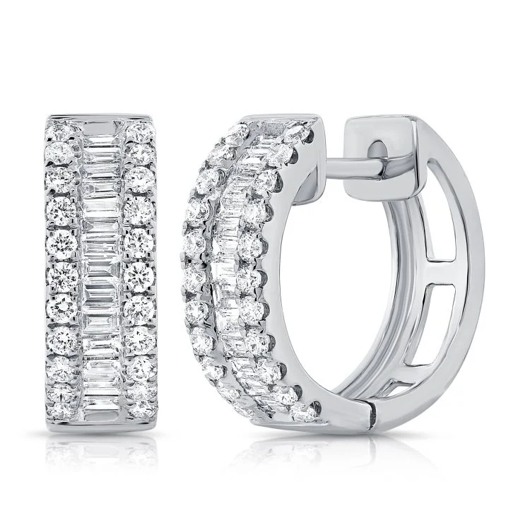 minimalist gold square earrings 14K White Gold Baguette Diamond Huggie Earrings