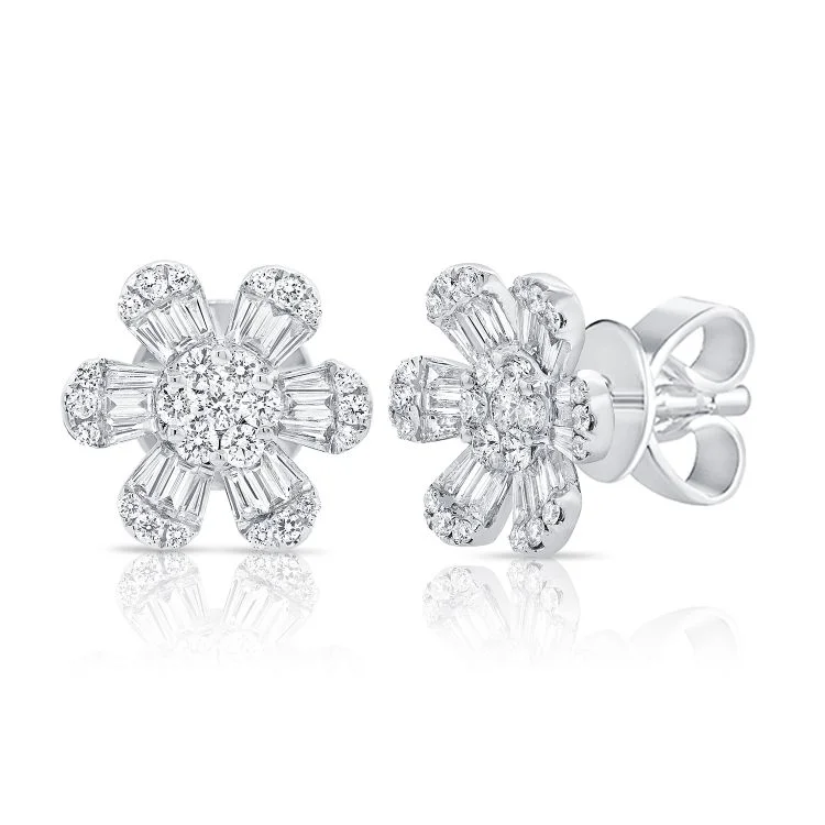 classic gemstone stud earrings 14K White Gold Diamond Baguette Flower Stud Earrings classic gemstone stud earrings 14K White Gold Diamond Baguette Flower Stud Earrings