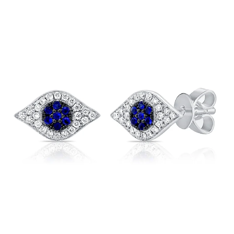 minimalist gemstone stud earrings 14K White Gold Diamond + Blue Sapphire Evil Eye Earrings