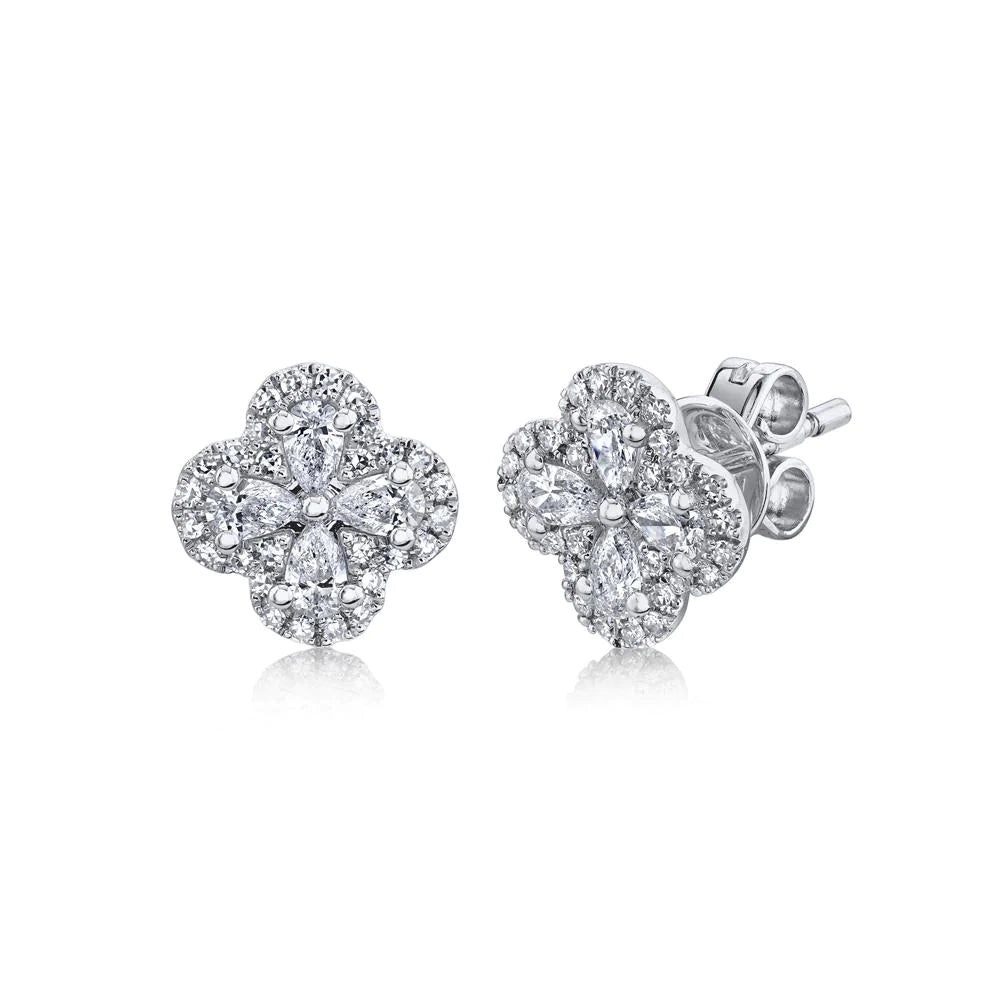 silver lotus flower earrings 14K White Gold Diamond Clover Earrings