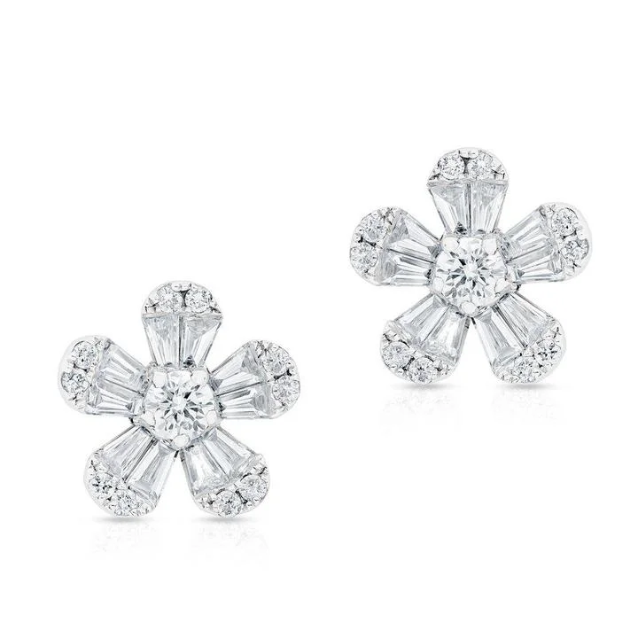 hammered silver wedding band 14K White Gold Diamond Flower Stud Earrings (Small)