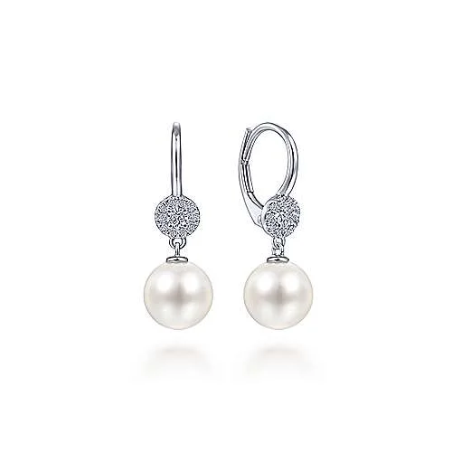 tiny gold huggie hoops 14K White Gold Diamond + Pearl Drop Earrings