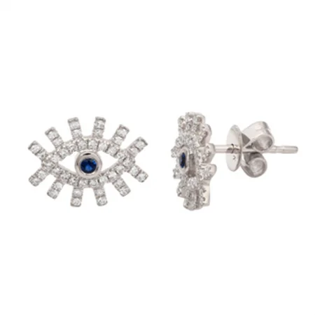 statement gemstone necklace handmade 14K White Gold Diamond + Sapphire Evil Eye Earrings