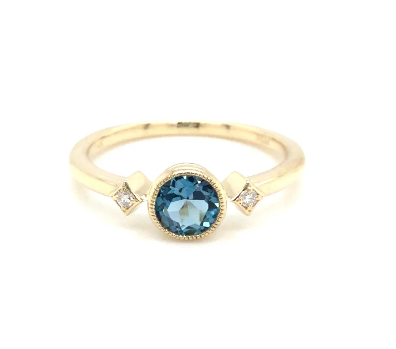 vintage floral engagement ring 14K Yellow Contemporary Blue Topaz and Natural Diamond Ring Size 6.5 vintage floral engagement ring 14K Yellow Contemporary Blue Topaz and Natural Diamond Ring Size 6.5