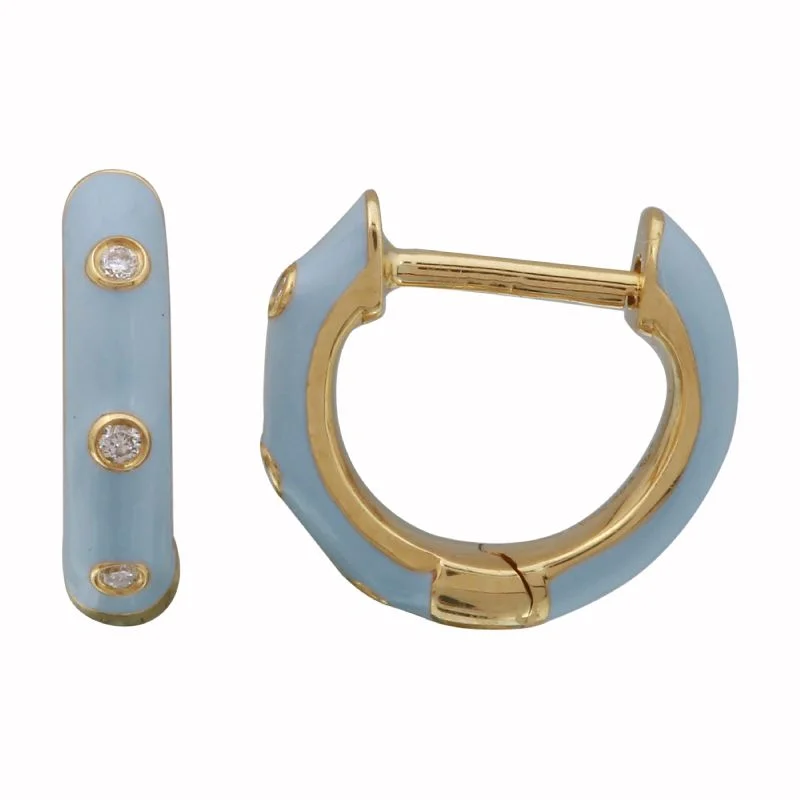 vintage art deco engagement ring 14k Yellow Gold Cerulean Enamel & Diamond Huggie Earrings
