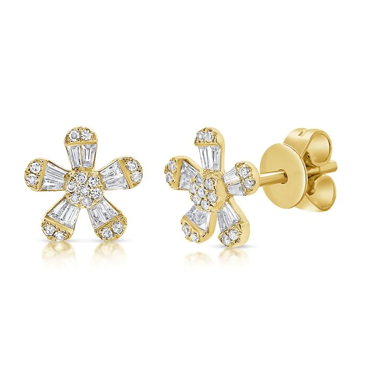 rose gold bezel ring 14K Yellow Gold Diamond and Baguette Flower Earrings