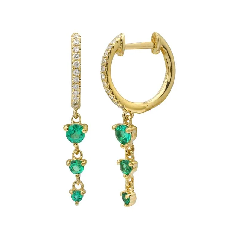 natural jade ring 14k Yellow Gold Diamond and Emerald Dangle Huggie Hoop Earrings