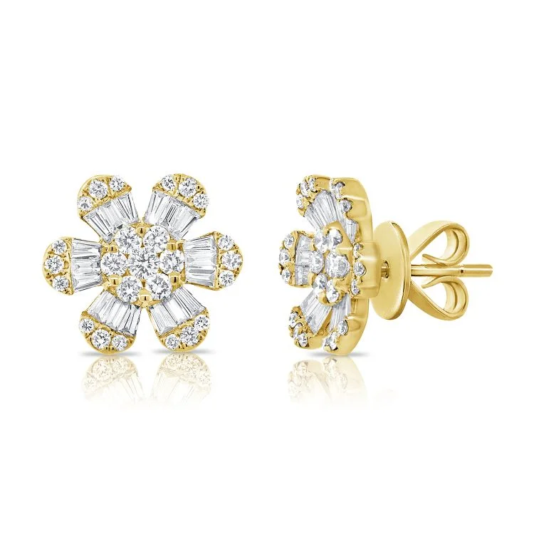 wedding band with diamonds 14K Yellow Gold Diamond + Baguette Flower Earrings