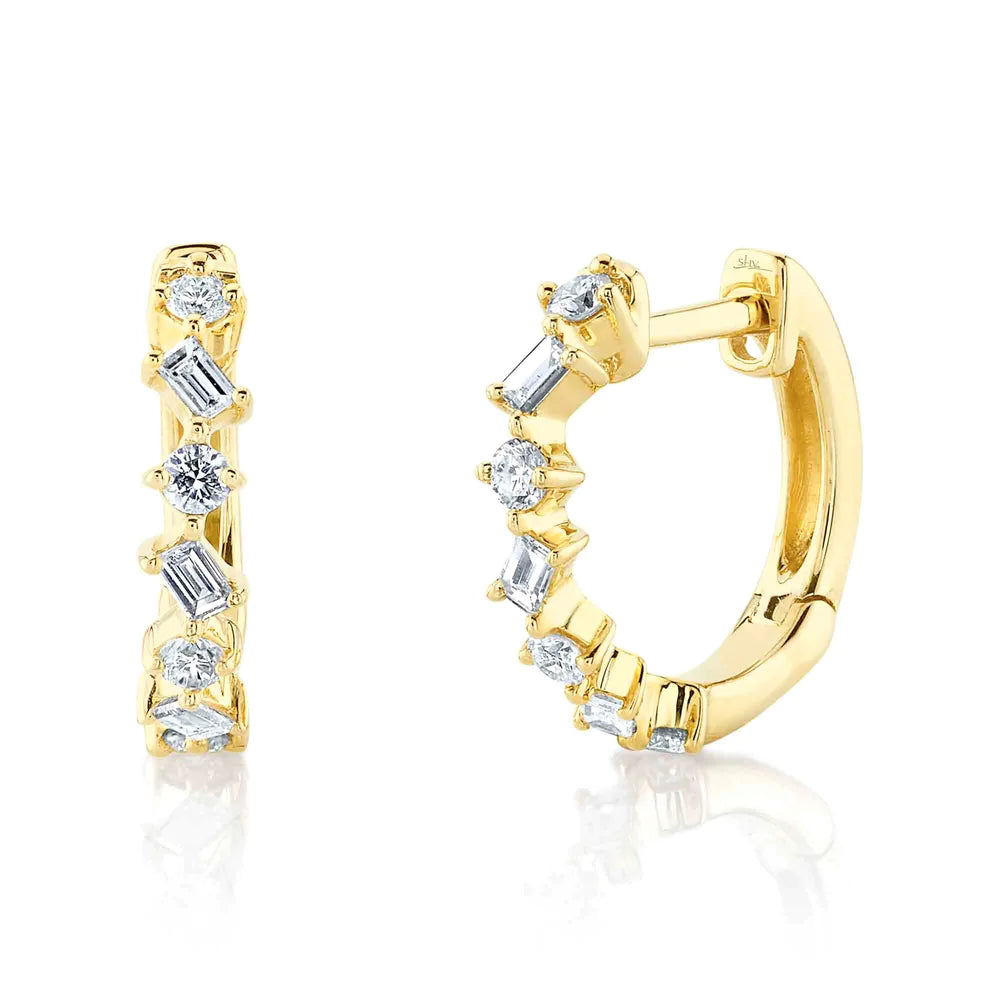 vintage-inspired pearl brooch 14K Yellow Gold Diamond Baguette Huggie Earrings