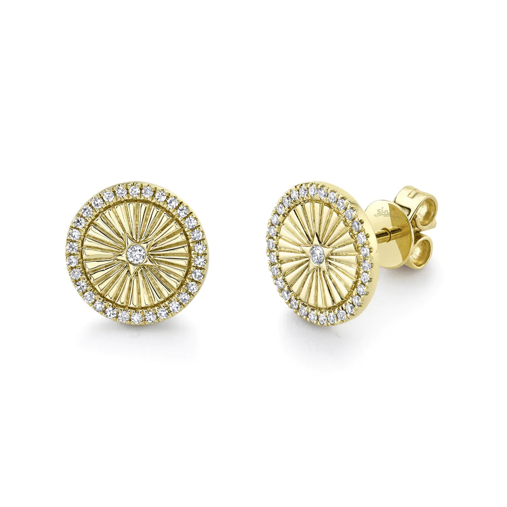 personalized ring with name 14K Yellow Gold Diamond Fluted Round Disc Earrings