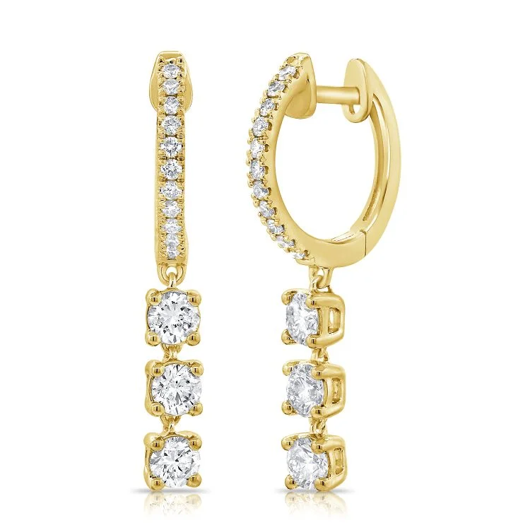 simple gold hoop earrings 14K Yellow Gold Diamond Triple Dangle Huggie Earrings