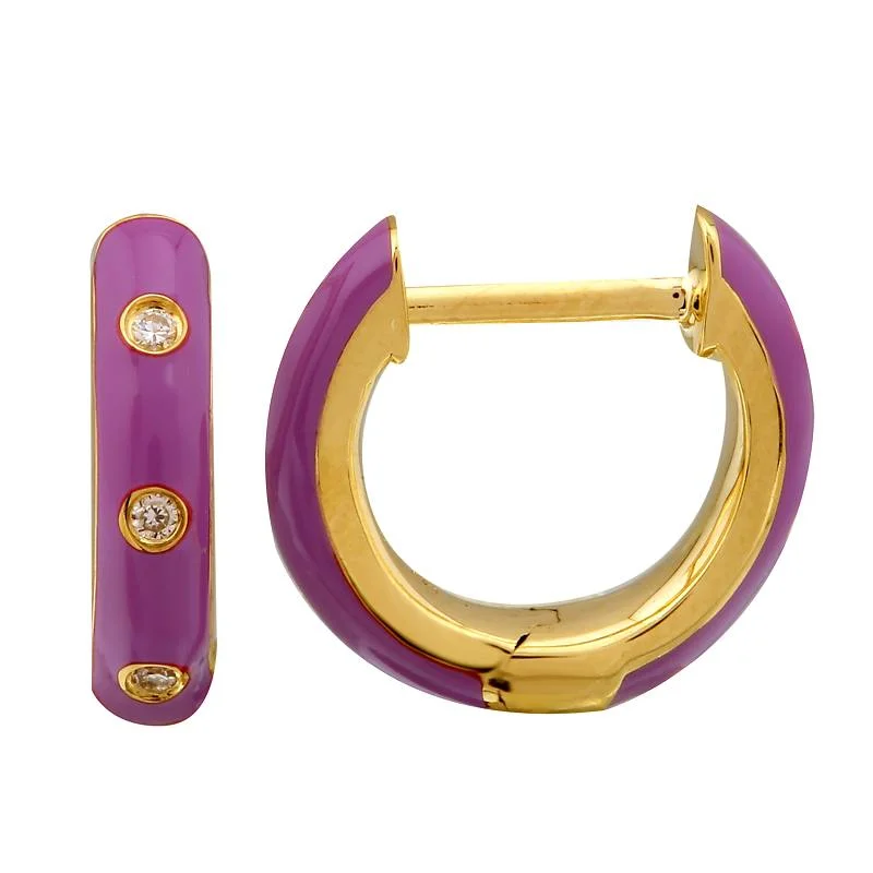 diamond tennis bracelet real 14k Yellow Gold Fushia Enamel & Diamond Huggie Earrings