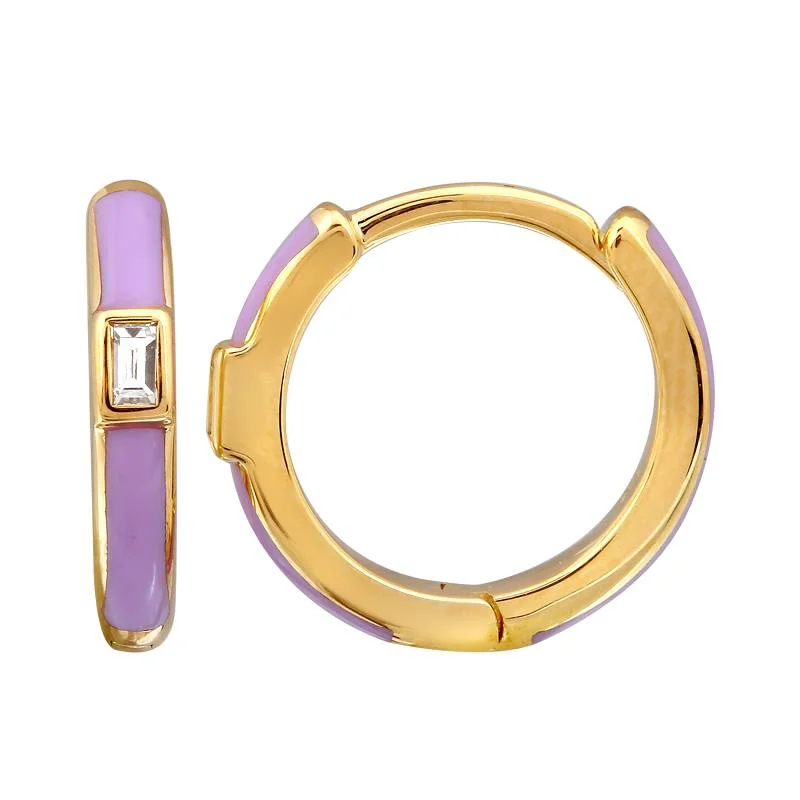 celestial sun and moon earrings 14k Yellow Gold Lavender Enamel & Diamond Huggie Earrings