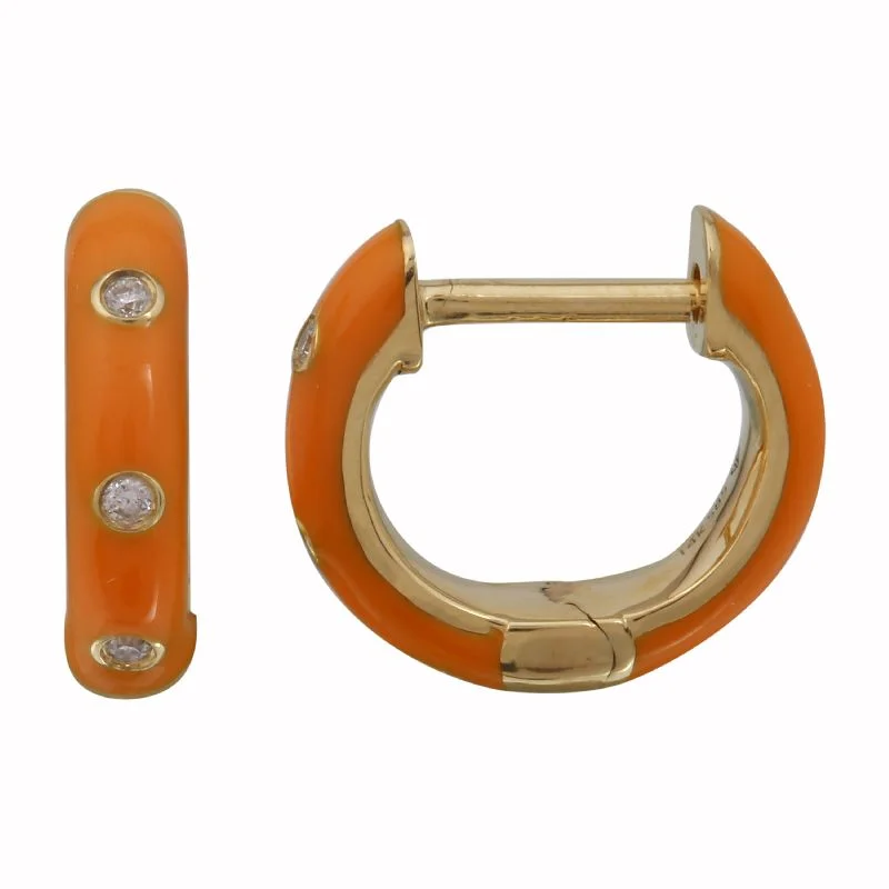 genuine ruby ring women 14k Yellow Gold Orange Enamel & Diamond Huggie Earrings