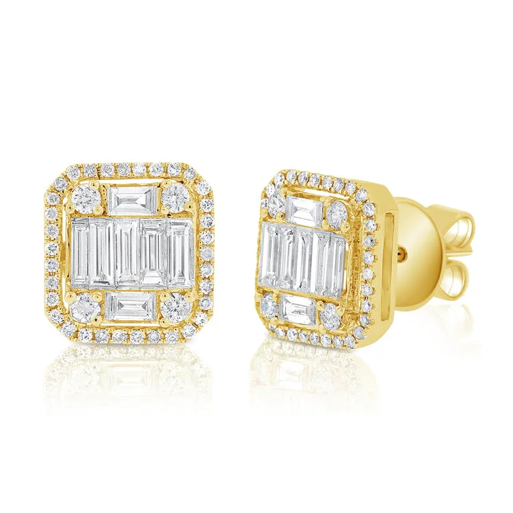delicate gold band ring 14K Yellow Gold Round+Baguette Diamond Large Earrings