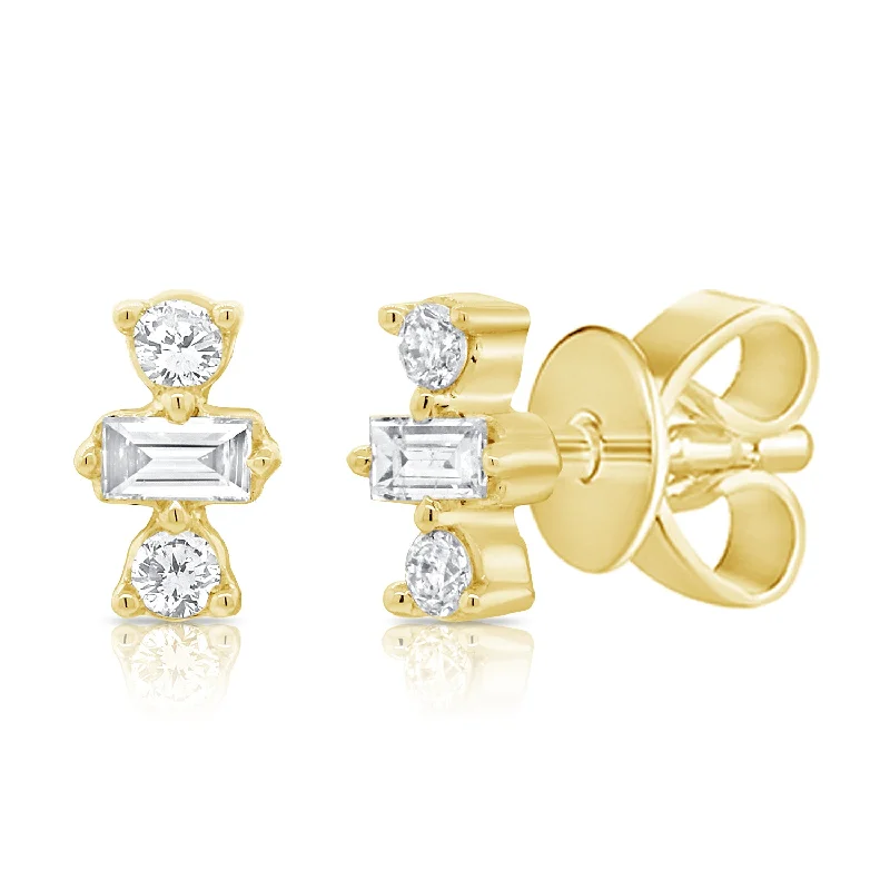 moissanite engagement ring affordable 14K Yellow Gold Round+Baguette Diamond Stud Earrings