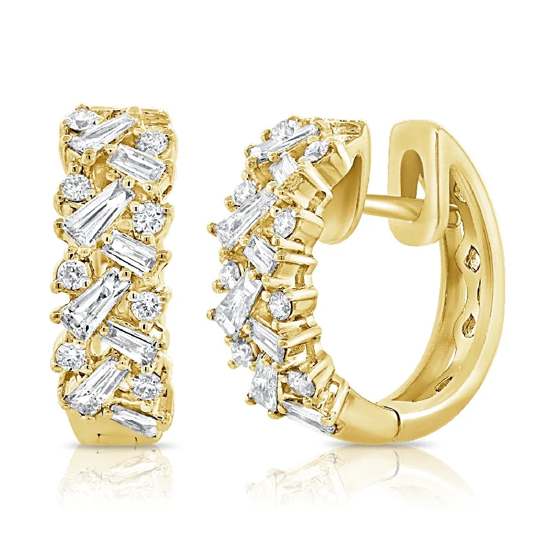 gold bar earrings minimalist 14K Yellow Gold Round + Baguettes Diamond Huggies