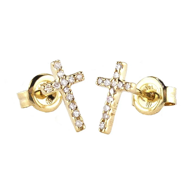 handcrafted beaded hoop earrings 14k Yellow Gold Round Diamond Cross Earrings