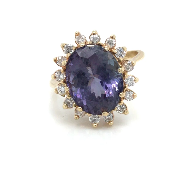 vintage sapphire engagement ring 14K Yellow Halo Tanzanite and Natural Diamond Ring Size 6.5 vintage sapphire engagement ring 14K Yellow Halo Tanzanite and Natural Diamond Ring Size 6.5