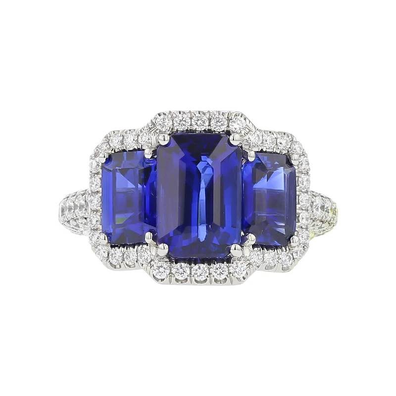custom name necklace gold 3-Stone-Halo Emerald Cut Blue Sapphire Engagement Ring