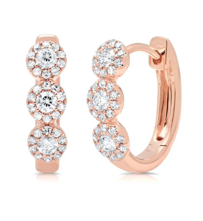 gold moonstone cocktail ring 14K Rose Gold Diamond Triple Halo Huggie Earrings