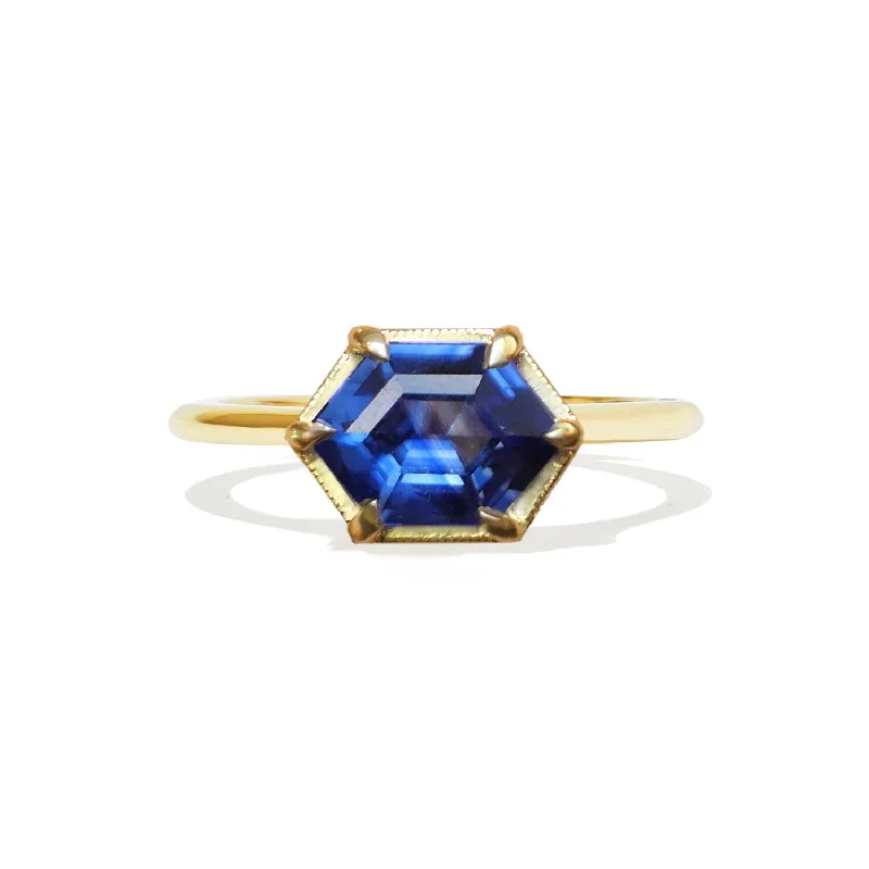 black stainless steel signet ring Elongated Hexagon Blue Sapphire Solitaire