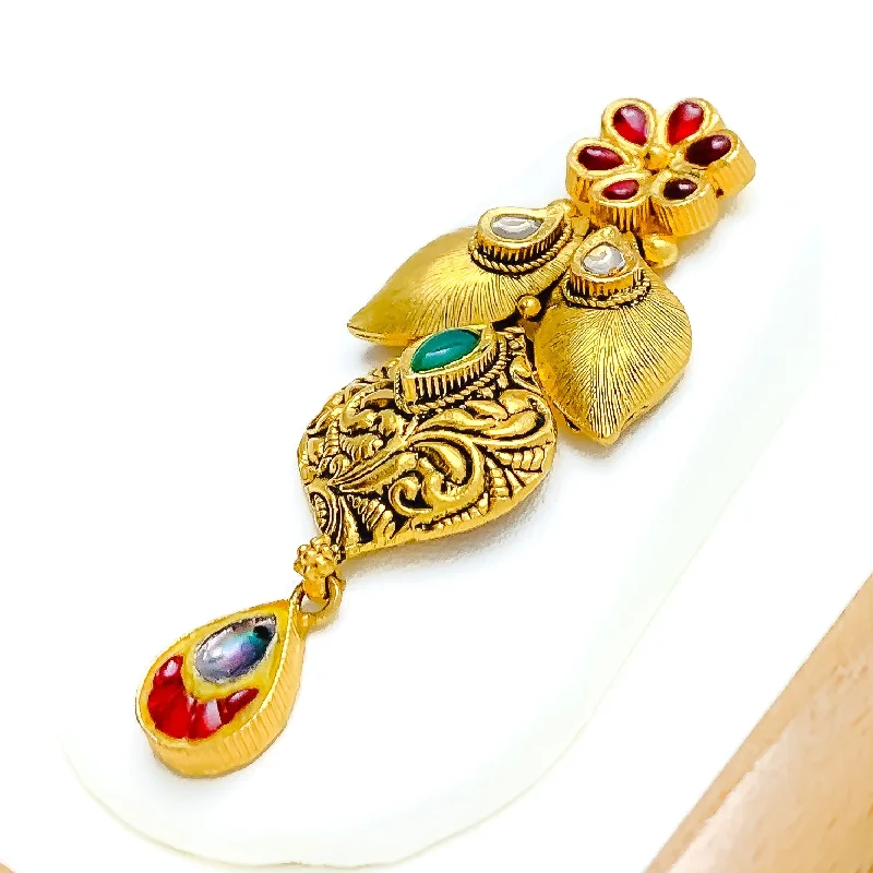 handcrafted opal inlay ring Engraved Floral 22k Gold Kundan Hanging Earrings