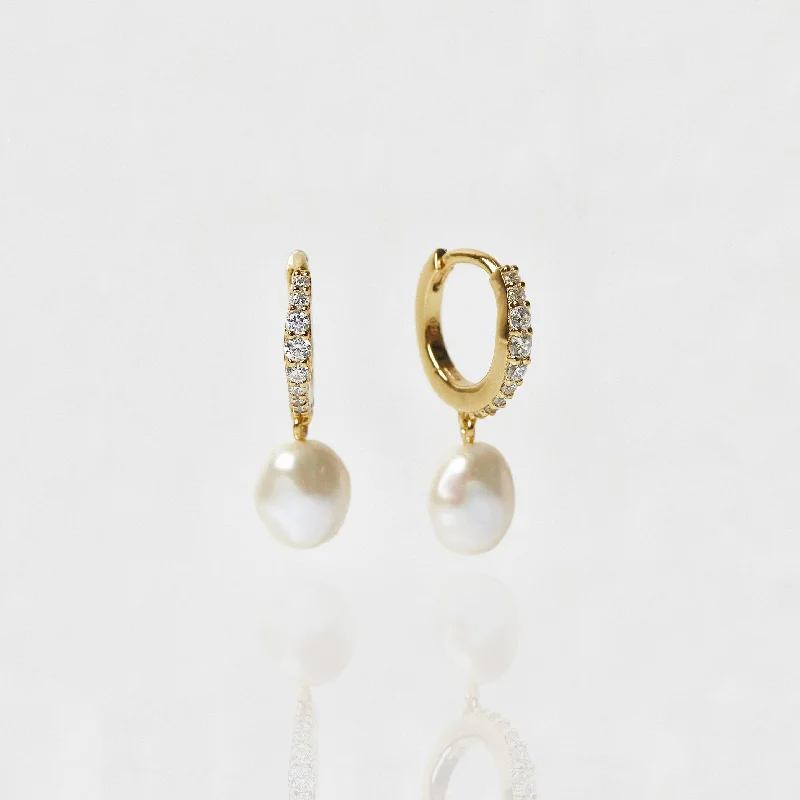 boho gold leaf ring Garden Party Pave Pearl Drop Hoops