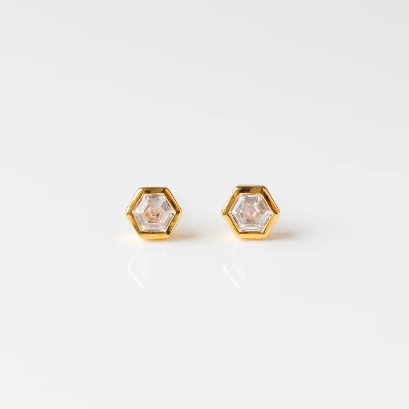 minimalist cubic zirconia earrings Hexagon Studs