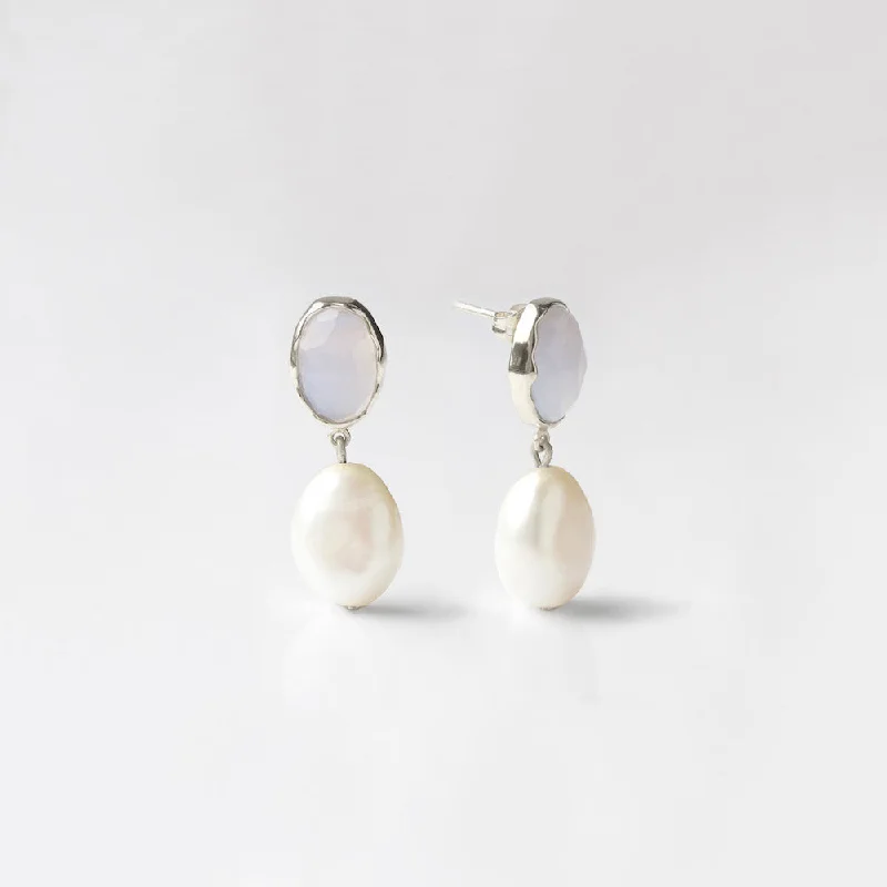 handmade leather ring Iris Blue Lace Agate & Pearl Drop Earrings