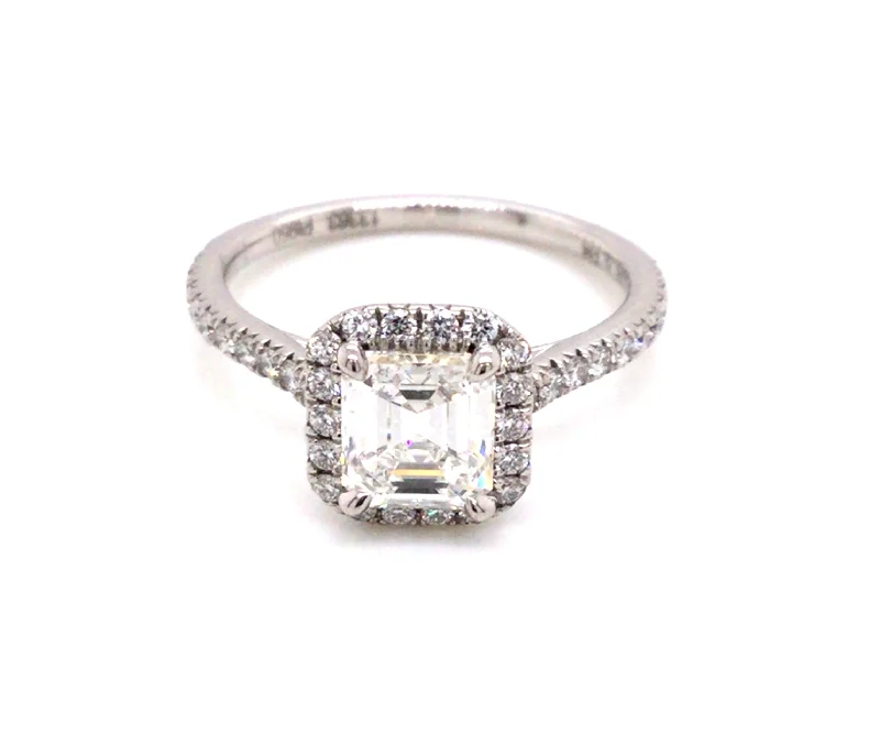 delicate marquise diamond band Platinum Emerald Cut Natural Diamond Halo Engagement Ring