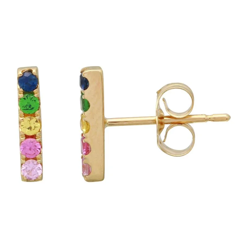 delicate floral wedding band 14K Yellow Gold Rainbow Multi-Sapphire Bar Earrings