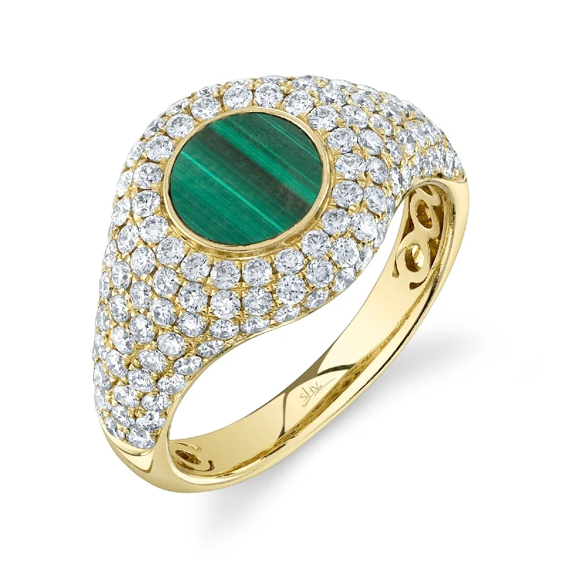 minimalist gold crescent moon necklace 1.39CT DIAMOND & 0.69CT MALACHITE SIGNET RING