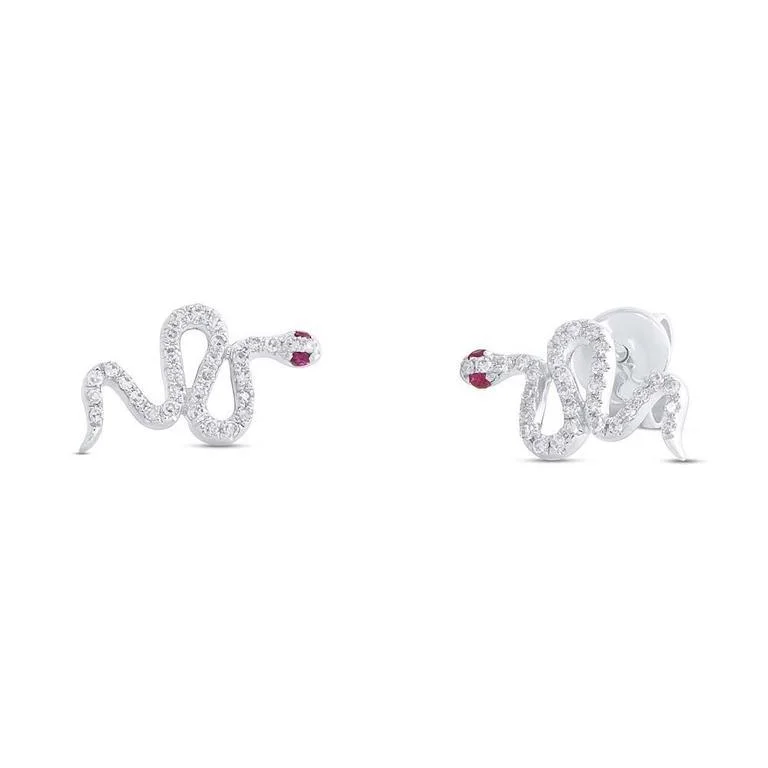 hammered gold disc necklace 14K White Gold Snake Diamond + Ruby Stud Earring