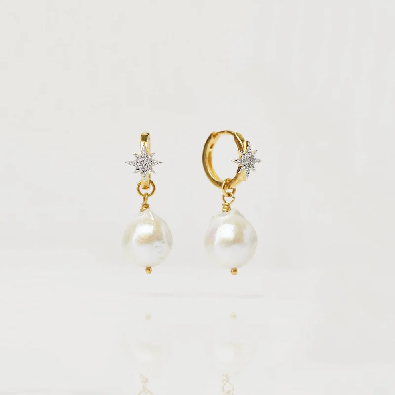 dainty gold chain ring Starburst Baroque Pearl Drop Earrings
