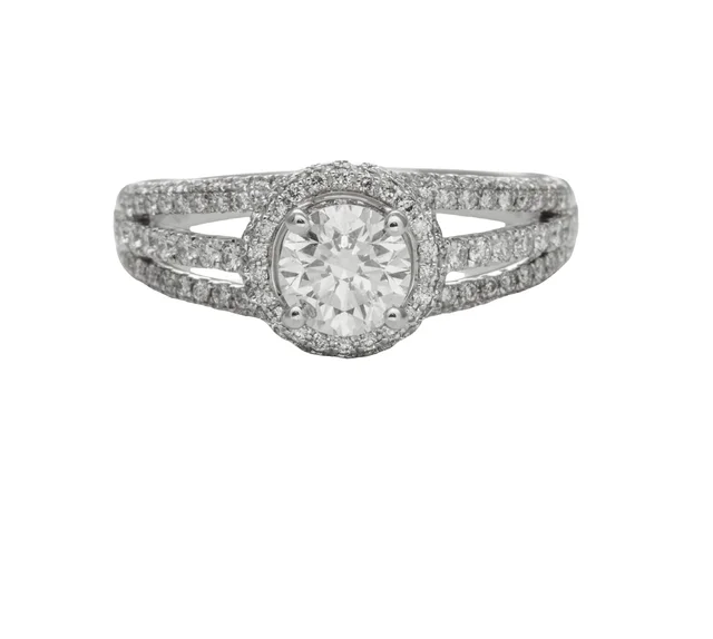sapphire princess cut ring TRIPLE SHANK RING WITH DIAMOND HALO 1.26CTTW