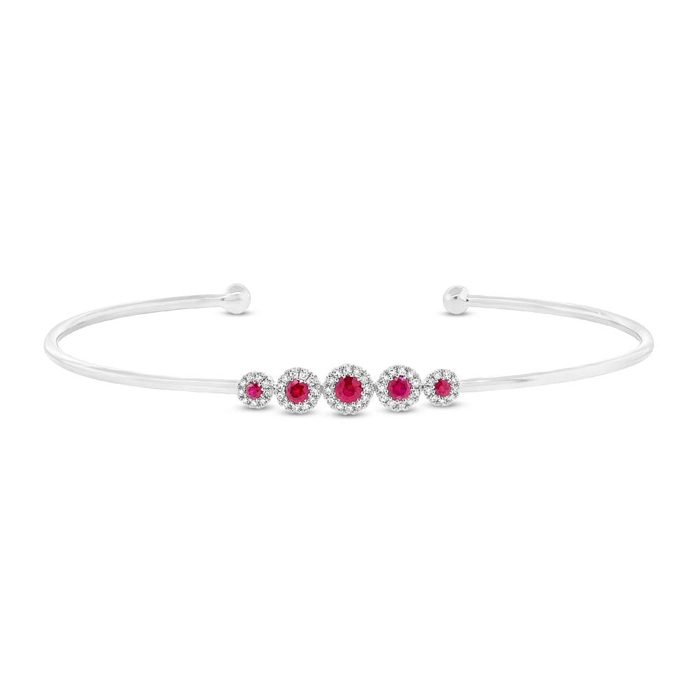 elegant art deco necklace 14K White Gold Bangle with 5 Round Rubies with Diamond Halo elegant art deco necklace 14K White Gold Bangle with 5 Round Rubies with Diamond Halo